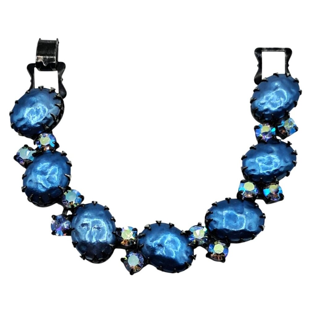 Vintage Regency Rhinestone Bracelet‎ Blue Aurora Borealis Baroque Pearl Unsigned